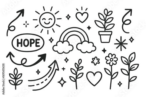 Hope and positivity doodle set. Vector line art collection with inspirational elements like rainbow, sun, arrows, and plants. Motivational cartoon illustration for mental health.