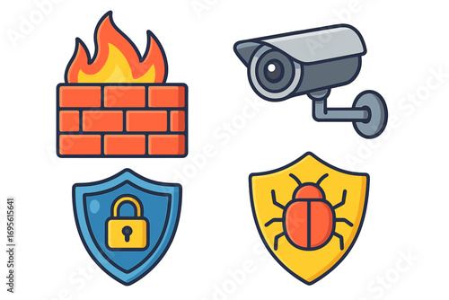 Cybersecurity concept icons. Firewall for network security. Surveillance cctv camera. Antivirus shield with bug. Data protection padlock. Digital privacy and safety symbols.