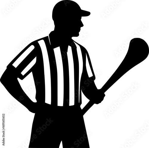 Black and white vector silhouette of a referee holding a hurley, minimalist hurling sports illustration for posters, prints, and graphic design
