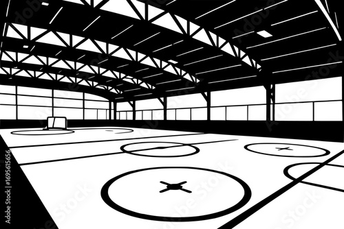Black and white vector silhouette of a roller hockey rink, minimalist sports illustration for posters, prints, and graphic design