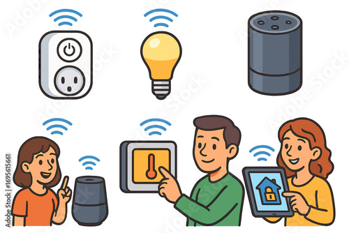 Smart home automation vector illustration set. People control devices using voice assistant and tablet. IoT technology with speaker, plug, light and thermostat. Wireless cartoon icons.