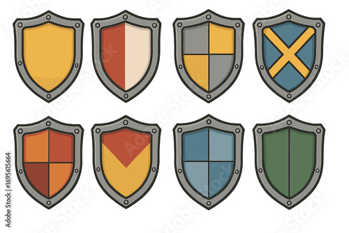 Set of medieval shields. Knight warrior battle crest. Heraldic coat of arms collection. Fantasy game assets. Protection security symbol. Vector cartoon icon illustration isolated.
