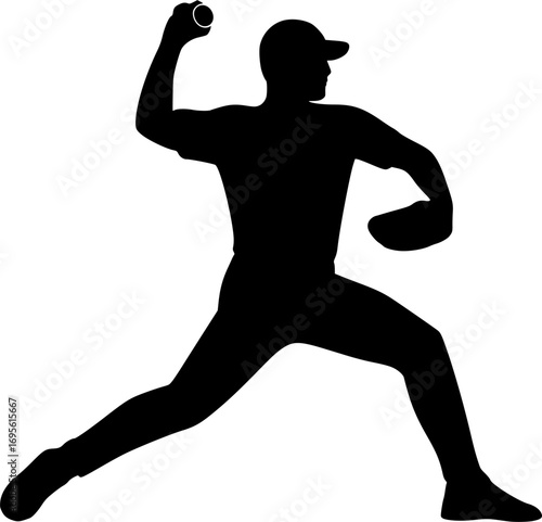 Black and white vector silhouette of a rounders bowler in windup position, dynamic sports illustration for posters, prints, and graphic design