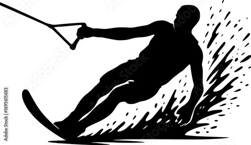 Minimal black and white vector silhouette of a kitesurfer riding the waves, dynamic water sports illustration for posters, prints, and graphic design