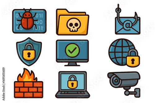 Cybersecurity icons set depicting digital threats protection firewall virus malware phishing safe internet secure data privacy virus attack protection digital security technology illustration
