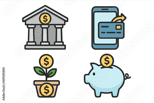 Financial concepts icons set including bank building, mobile payment with credit card, investment growth with plant and coin, and piggy bank savings for digital finance illustration