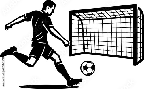 Black and white vector of a player shooting at the goal, minimalist sports illustration for posters, prints, and graphic design