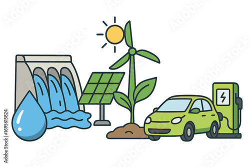 Sustainable energy concept with hydro, solar, wind power. Green energy vector icon set. Electric car at charging station. Ecology, environment, renewable resources cartoon.