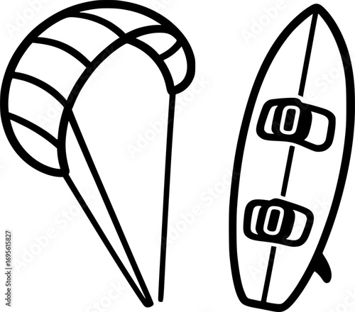 Black and white vector of a kite and surfboard, minimalist water sports illustration for posters, prints, and graphic design