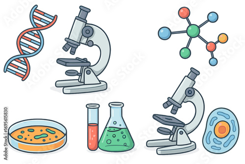 Science lab icon set with microscope, DNA, molecule, and cell. Biology, chemistry, and genetics research cartoon vector. Laboratory equipment for medical experiment and discovery.
