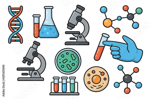 Science and biology research icon set. Vector cartoon illustration of DNA, microscope, test tubes, molecule, and petri dish. Laboratory equipment for chemical experiment or medical analysis.