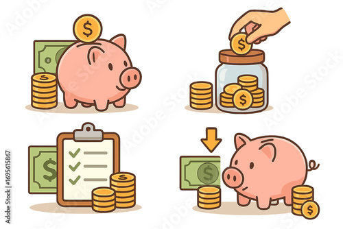 Money saving and investment concepts icon set. Piggy bank, coin jar, financial checklist. Vector illustration for budgeting, wealth management, banking, and economy.