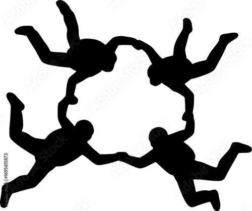 Black silhouette vector of a skydiver group forming a circle in freefall, minimal design perfect for skydiving, extreme sports, aviation, and adventure concepts