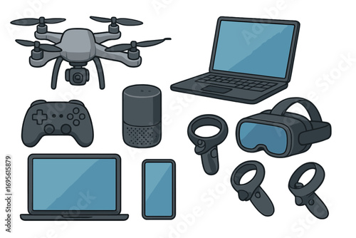 Tech gadgets and electronics vector set. Cartoon illustration collection of modern devices like drone, laptop, VR headset, smart speaker, gamepad and smartphone. Isolated icons.