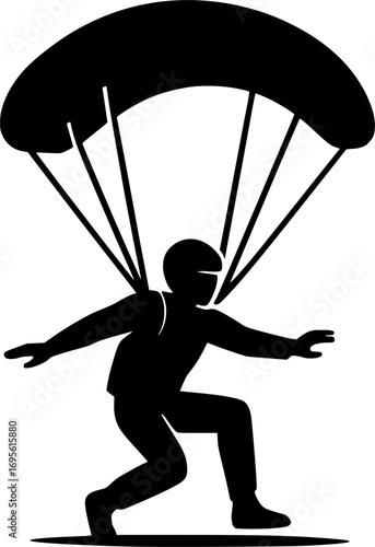 Minimal monochrome vector of a skydiver touching down, clean silhouette design perfect for skydiving, aviation, extreme sports, and adventure illustrations