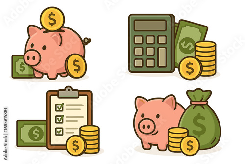 Money saving and financial planning concepts. Vector icon set with piggy bank, calculator, coins and checklist for budgeting, investment, and wealth management illustration.