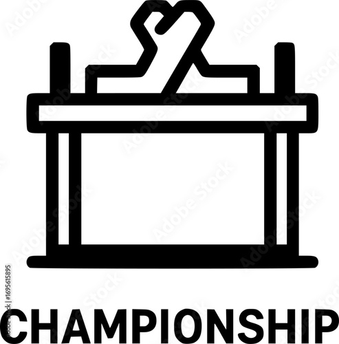Minimal black and white vector icon of a championship arm wrestling table, simple sports equipment illustration for posters, prints, and graphic design