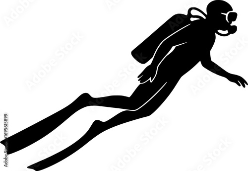 Minimal black and white vector silhouette of a diver wearing long fins, simple aquatic sports illustration for posters, prints, and graphic design
