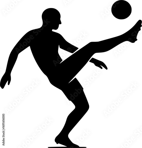 Minimal black and white vector silhouette of a player spiking a ball with the foot, dynamic sports illustration for posters, prints, and graphic design