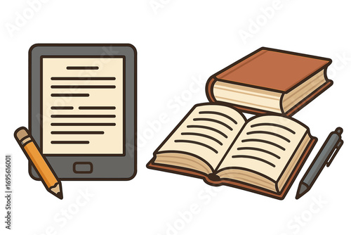 Digital reading device versus traditional book comparison. E-reader, tablet, and paper book illustration with pencil and pen. Reading technology contrast. Educational vector graphic.