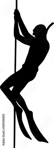 Minimal black and white vector silhouette of a freediver descending along a rope, simple aquatic sports illustration for posters, prints, and graphic design