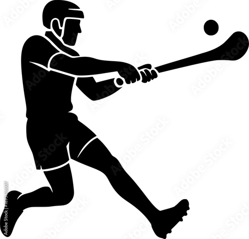 Minimal black and white vector silhouette of a hurling player striking a sliotar mid-air, dynamic sports illustration for posters, prints, and graphic design