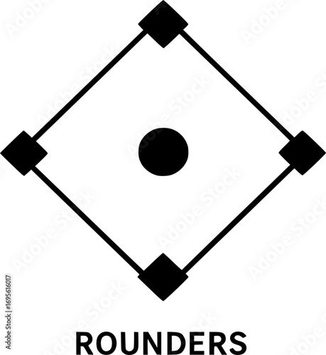 Minimal black and white vector of a rounders base layout, simple field diagram illustration for posters, prints, and graphic design