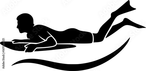 Minimal black and white vector silhouette of a prone bodyboarding style, simple water sports illustration for posters, prints, and graphic design