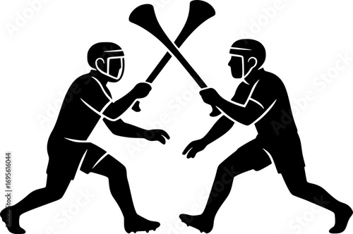 Minimal black and white vector silhouette of two hurling players clashing hurleys, dynamic sports illustration for posters, prints, and graphic design