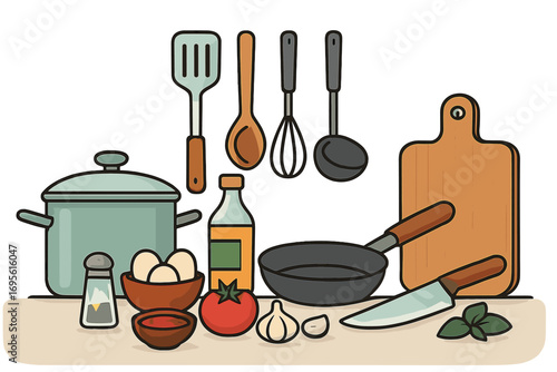Kitchen utensils and ingredients for cooking a meal. Vector illustration of food preparation. Culinary concept with pot, pan, knife, and fresh vegetables for a recipe.