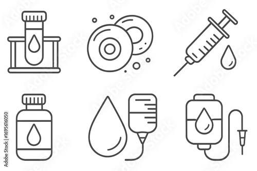 Healthcare and medicine line icon set. Vector symbols for blood test, analysis, donation, syringe injection, vaccination, and intravenous IV drip infusion therapy treatment.