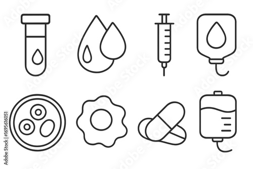 Healthcare and medicine line icon set. Vector symbols for blood test, injection, IV drip, blood donation, cell research, and medication. Laboratory and science concept design.