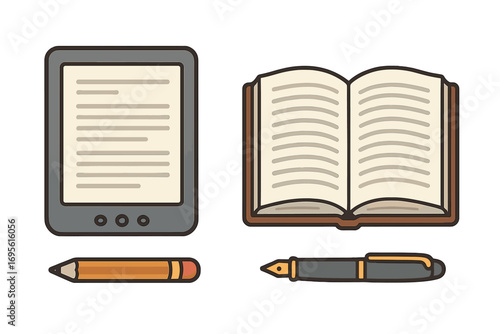Illustration comparing digital reading devices and traditional books with e-readers and paper formats, including pencil and fountain pen writing tools, education concept vector