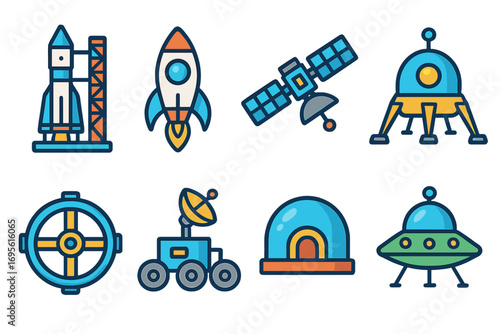 Space exploration icon set. Rocket, satellite, UFO, rover, and planet base. Cosmos travel and astronomy symbols. Cartoon vector for science and technology graphics.