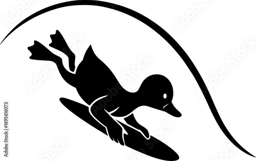 Minimal black and white vector silhouette of a surfer performing a duck dive with a bodyboard, dynamic water sports illustration for posters, prints, and graphic design