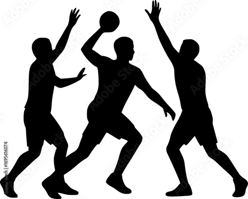 Minimal black and white vector silhouette of two defenders blocking a player, simple sports illustration for posters, prints, and graphic design