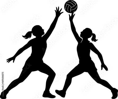 Minimal black and white vector silhouette of two netball players contesting the ball, simple sports illustration for posters, prints, and graphic design