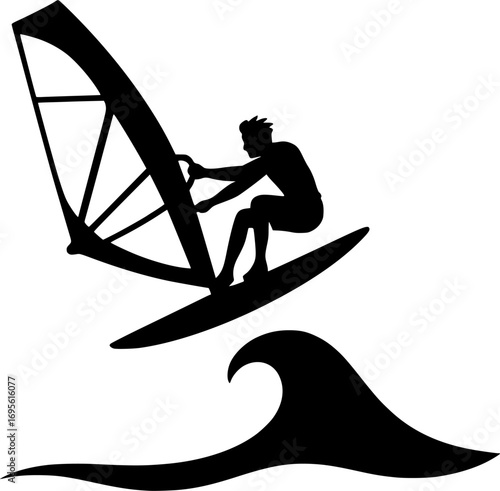 Minimal black and white vector silhouette of a windsurfer jumping over a wave, dynamic aquatic sports illustration for posters, prints, and graphic design