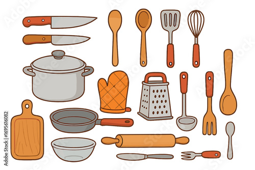 Essential kitchen tools and utensils set for meal preparation, cooking and baking equipment collection, cartoon vector illustration with cutting board, pot, pan, grater, oven mitt and spoons