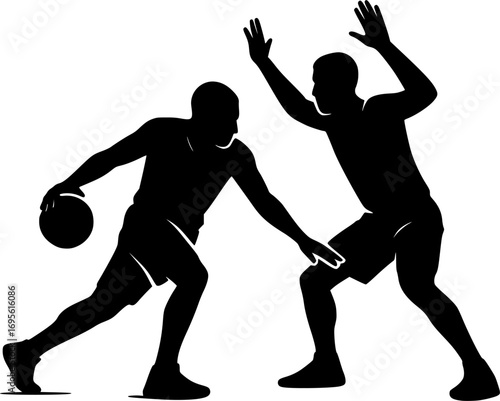 Minimal black and white vector silhouette of two athletes defending, simple sports illustration for posters, prints, and graphic design