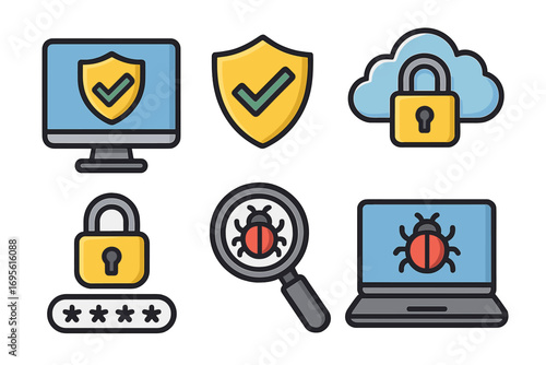 Cybersecurity icon set for online safety and data protection. Vector concepts of antivirus shield, malware scan, password lock, and cloud security for web and computers.