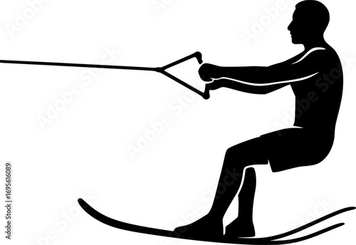 Minimal black and white vector silhouette of a waterskier holding a rope handle, dynamic water sports illustration for posters, prints, and graphic design