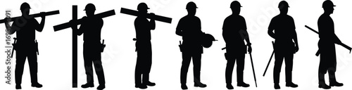 Construction worker silhouettes with tools, builder men carrying wood, laborers working, industrial job safety, engineering workforce, construction site illustration