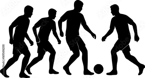 Minimal black and white vector silhouette of a futsal team executing a passing play, simple sports illustration for posters, prints, and graphic design