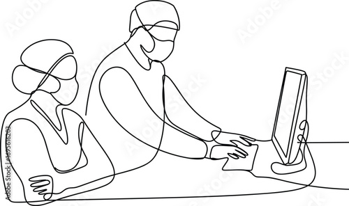 Continuous line art of medical professionals wearing masks working on computer, healthcare teamwork, hospital staff, digital health records, medical technology, pandemic safety, doctor 
