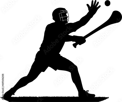 Minimal black and white vector silhouette of a hurling goalkeeper blocking a sliotar, simple sports illustration for posters, prints, and graphic design
