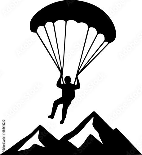 Minimal silhouette vector of a parachutist flying above mountains, clean monochrome design perfect for adventure, skydiving, and extreme sports concepts