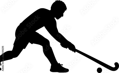 Minimal black and white vector silhouette of a field hockey player performing a push pass, simple sports illustration for posters, prints, and graphic design
