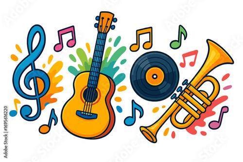 Vibrant music instruments and notes illustration, colorful guitar, trumpet, vinyl record, musical creativity and artistic expression, vector cartoon art, sound and melody concept
