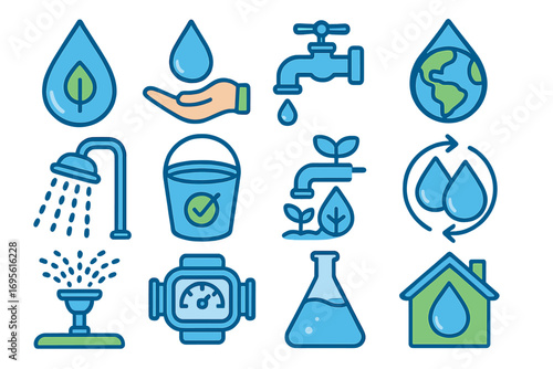 Water conservation icon set. Save water concept. Sustainability and ecology symbols for environmental protection. Vector illustration of water drop, faucet, earth and recycling.